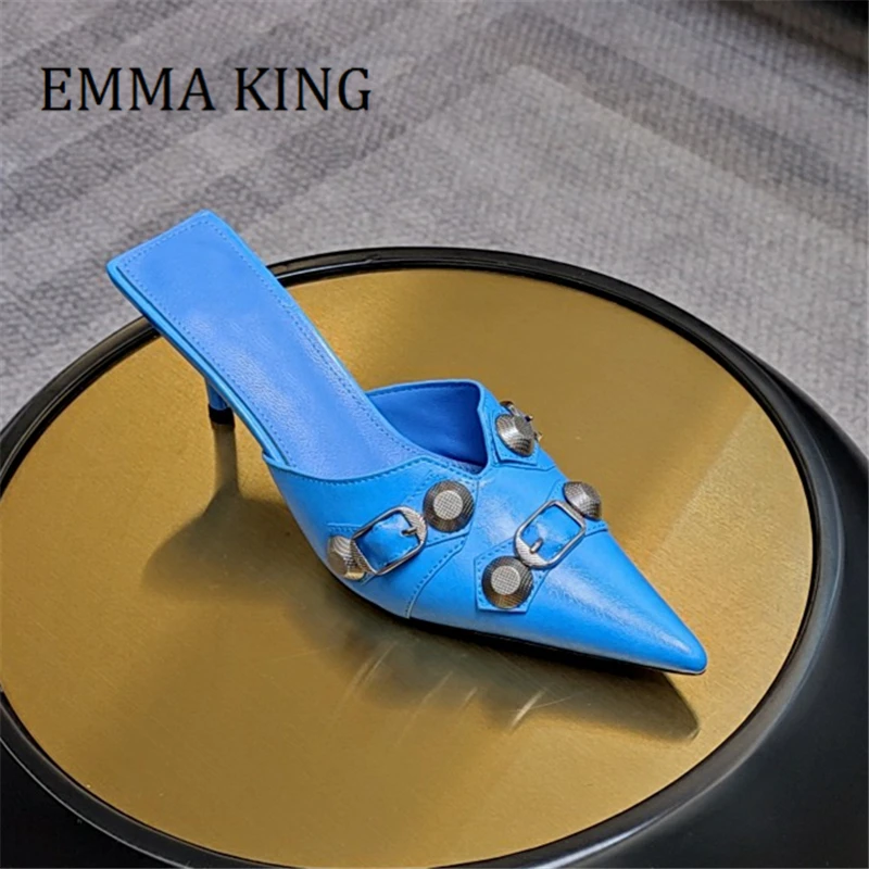 

Women Metal Rivets Slippers Sexy Pointy Toe Stiletto Heel Pumps 2024 Spring Rivet Studde Mules Punk Style High-heeled Slipper