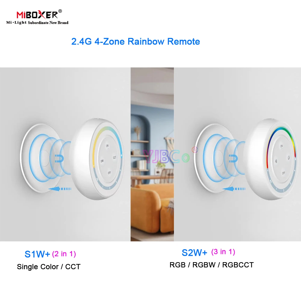 

Miboxer RGB/RGBW/RGBCCT 3 in 1 LED Strip Controller 2.4G 4 Zone Rainbow Remote Single color/CCT 2 in1 Light Bulb dimmer Switch