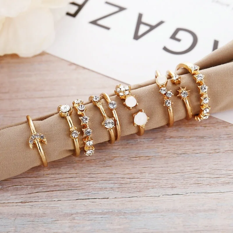 Vintage Color Gold Crystal Star Moon Rings 4