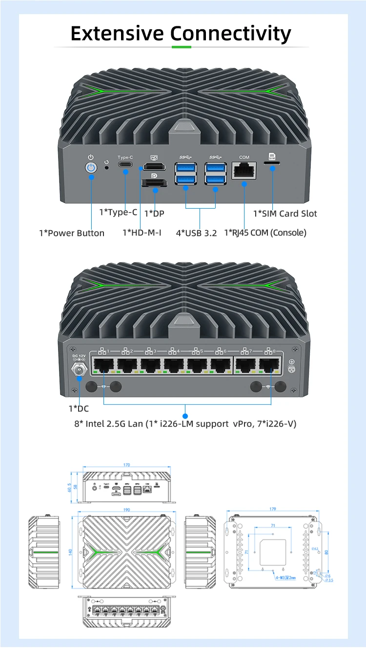 새로운 산업용 미니 PC 방화벽 14세대 울트라 5 125U 8 인텔 2.5G 랜 트리플 디스플레이 DDR5 Pfsense M.2 NVME 2.5인치 HDD/SSD