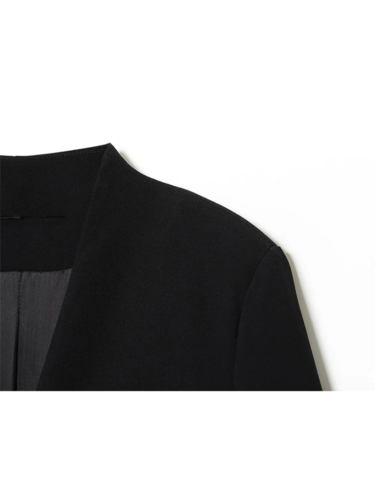 Elegant Women Spliced Blazer Dresses V Collar Long Sleeve Vintage Black Midi Dress Female Autumn New Slim Fit Commuting Clothes