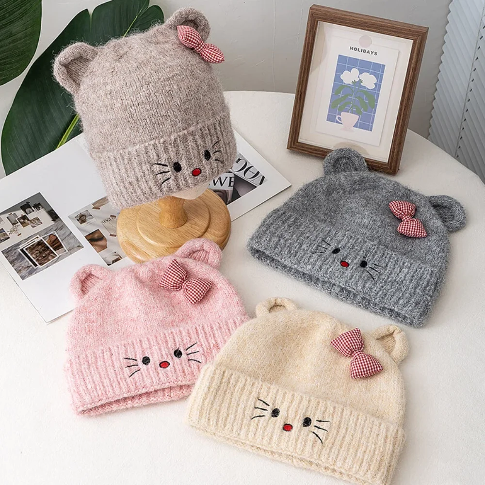 Hot Sale Women Loose Beanie Hat With Cute Cat Ear Lovely Bow Style Winter Knitted Hats For Female Streetwear Winter Hat