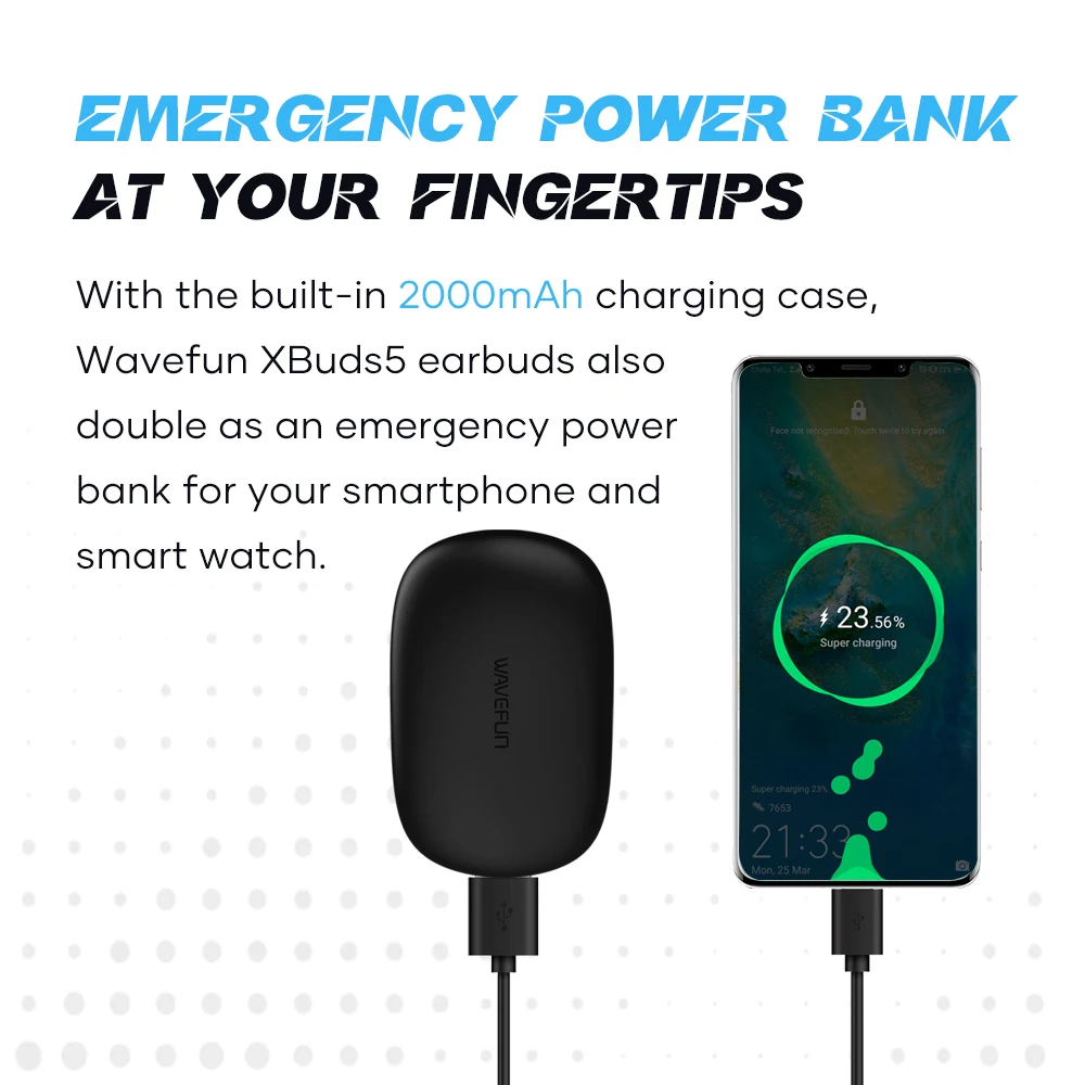 Wavefun XBuds 5 블루투스 이어폰, 이어 후크 충전 케이스, 보조배터리 기능 이어버드, BT5.3 방수 헤드폰