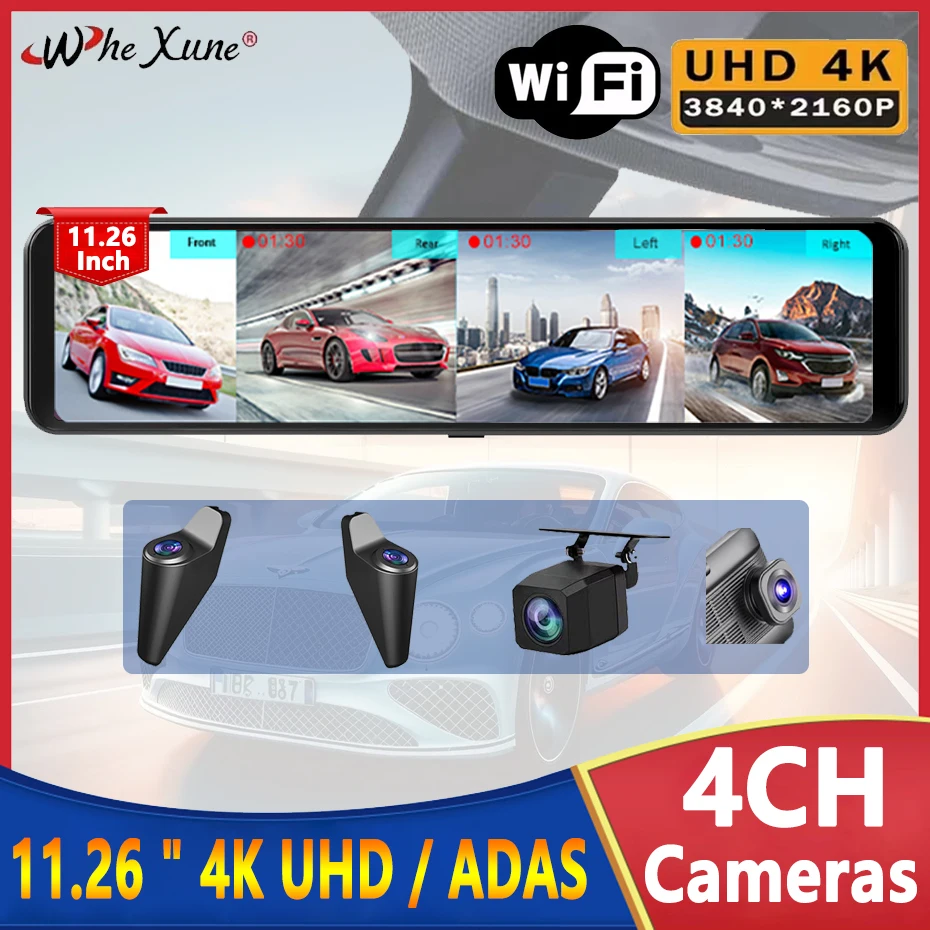 T80 4CH Dash Cam 11.26 Inch 4K WIFI Rear View Mirror 4 Cameras Video ...