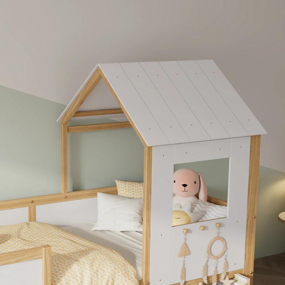 90 x 200 cm großes Schlafzimmer-Halbhochbett, Hausbett mit Dach und Fenster, vierseitiger Zaun, mit 4 Schubladen und kleinen Treppen, Weiß + Natur – Detail 23