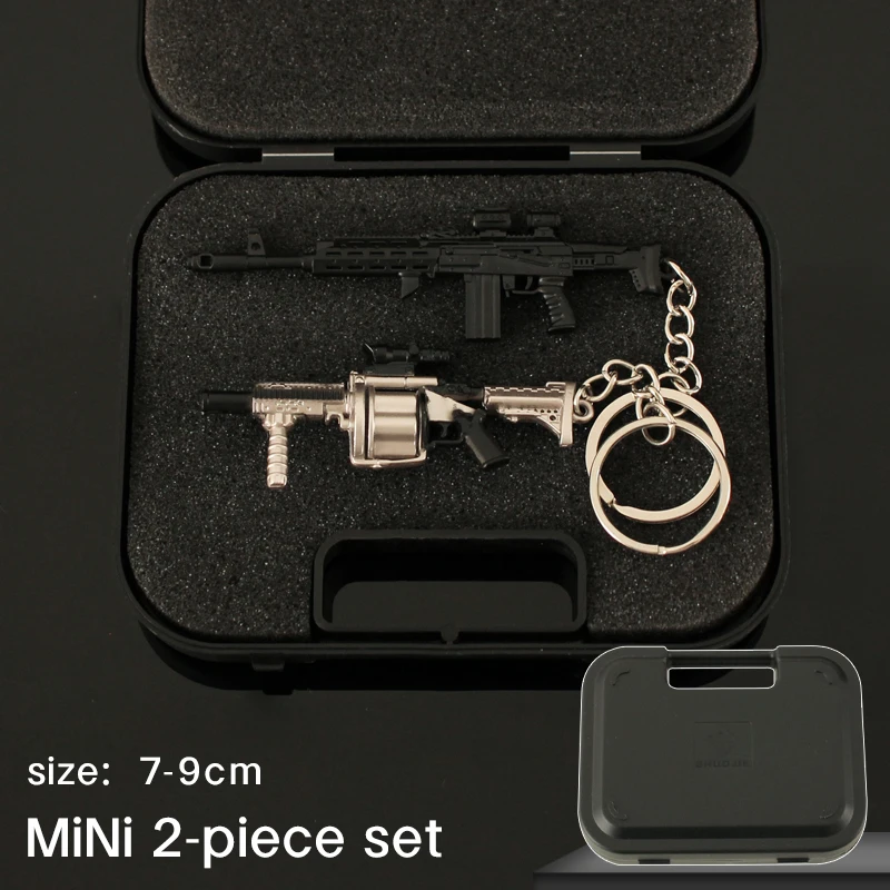 Gift Box Two Piece Set Metal Gun Keychain PUBG AK 47 Glock Mini RPK Grenade Launcher AWM AKM Weapon Model Pistol Pendant Toy 2