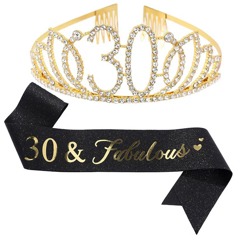 

18 21 30 40& Fabulous Sash and Tiara Kit Gold Black 50 60 70th Birthday Rhinestone Crown Sashes Belts Scarf Birthday Party Decor