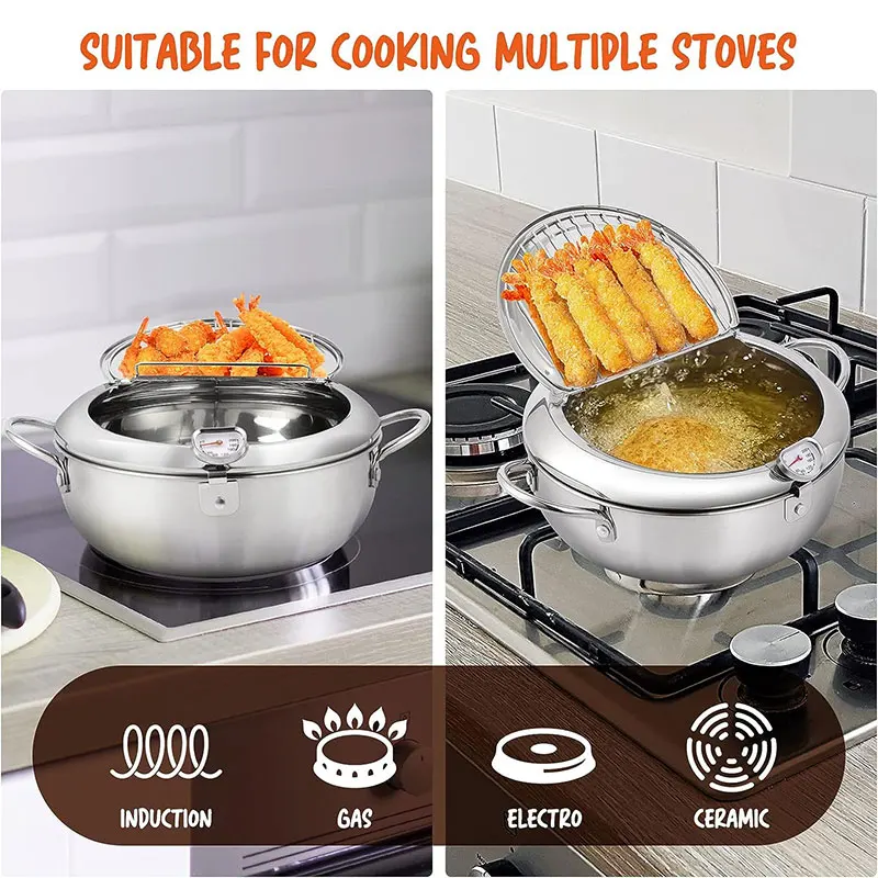 Deep Frying Pan Japanese-style Tempura Deep Fryer With Thermometer Lid Oil  Drip Drainer Rack Nonstick Stainless Steel Fryer Pot - AliExpress