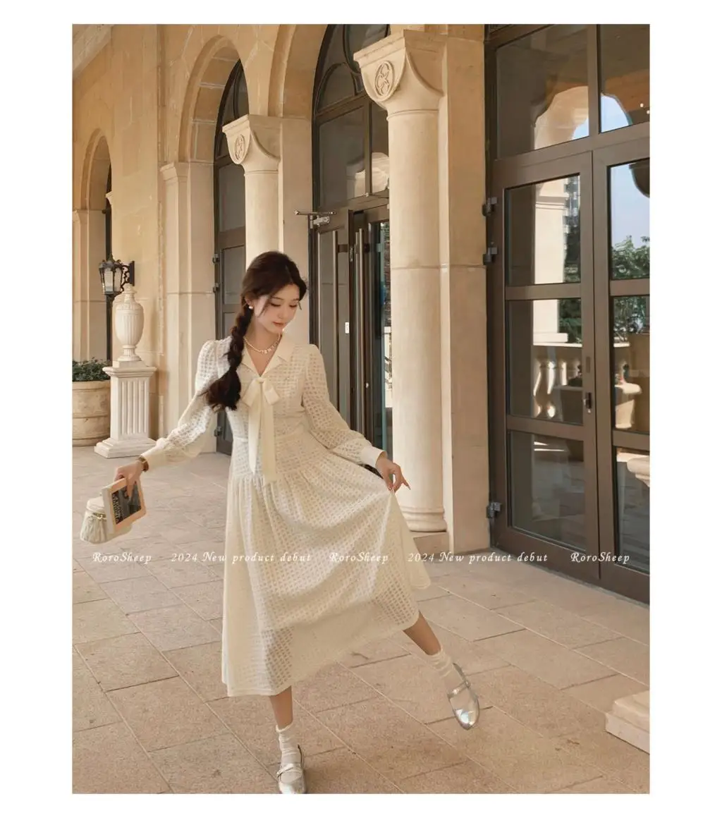 Elegant Vintage Lapel Midi Dresses for Women Bow Long Sleeve Birthday Party Dress A-line Autumn New Korean Fashion Vestido Mujer