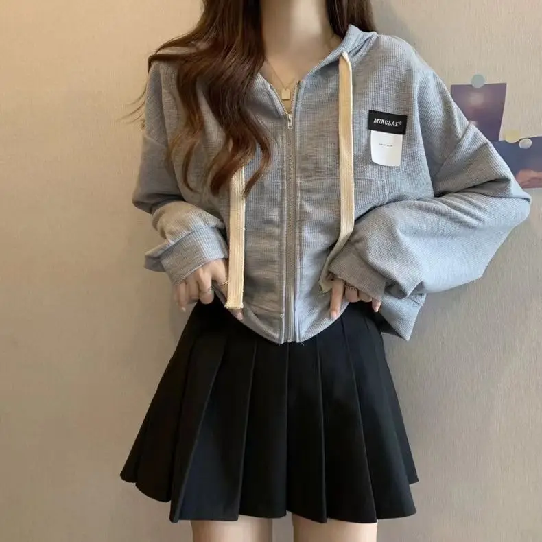 Yasuk Spring Autumn Casual T-Shirts Women's Loose Zipper Cardigan Sporty Solid Simple Versatile Drawstring Hoodie