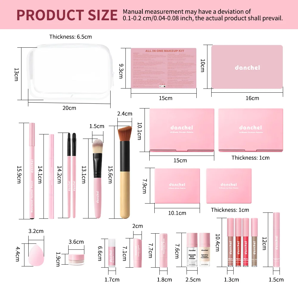 Set trucco all-in-one per viso completo: base, correttore, contorno, illuminante, palette blush, matita per sopracciglia, ombretto, kit trucco labbra - immagine 6