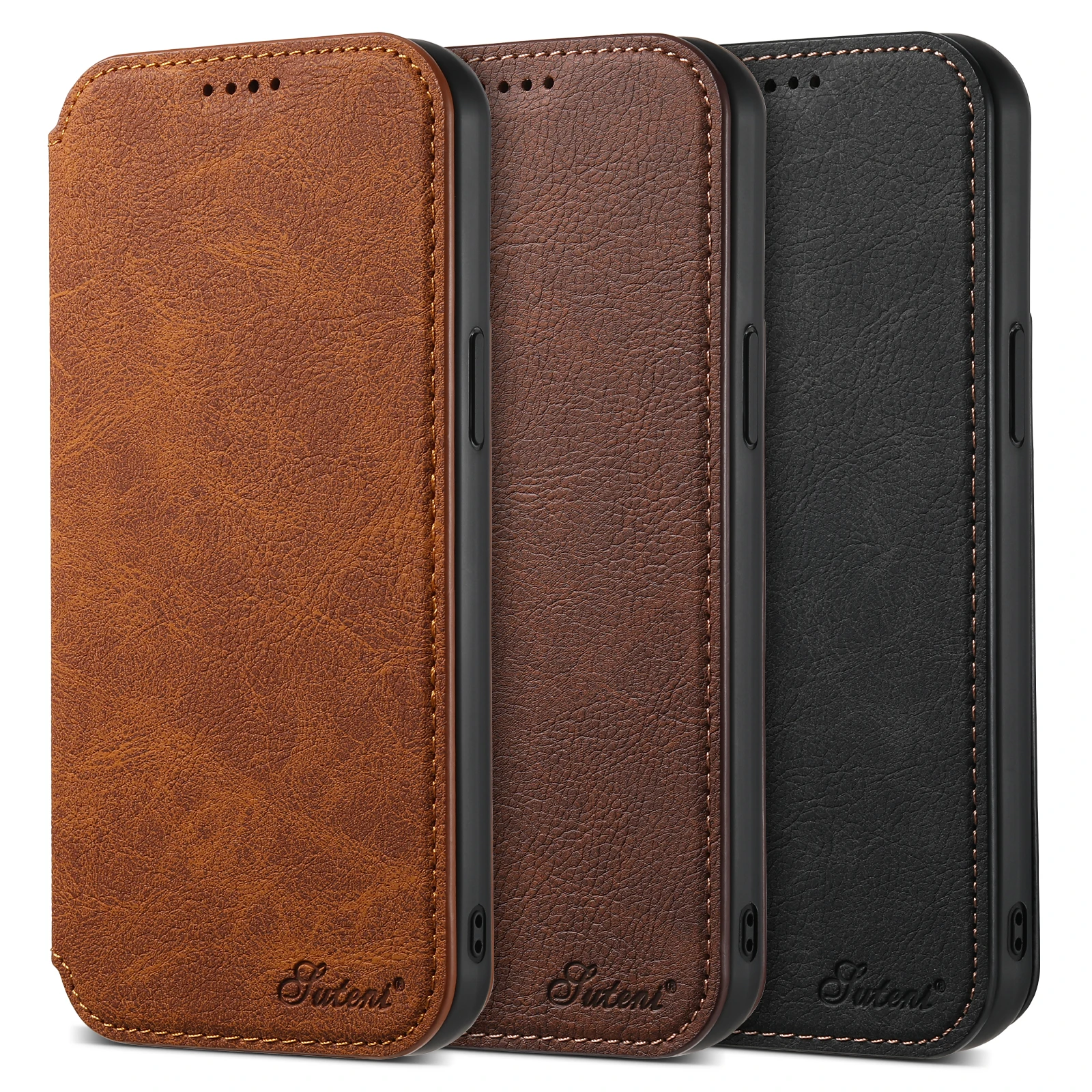 SUTENI Wireless Charging Leather Flip Cover Wallet Phone Case with Card Holder