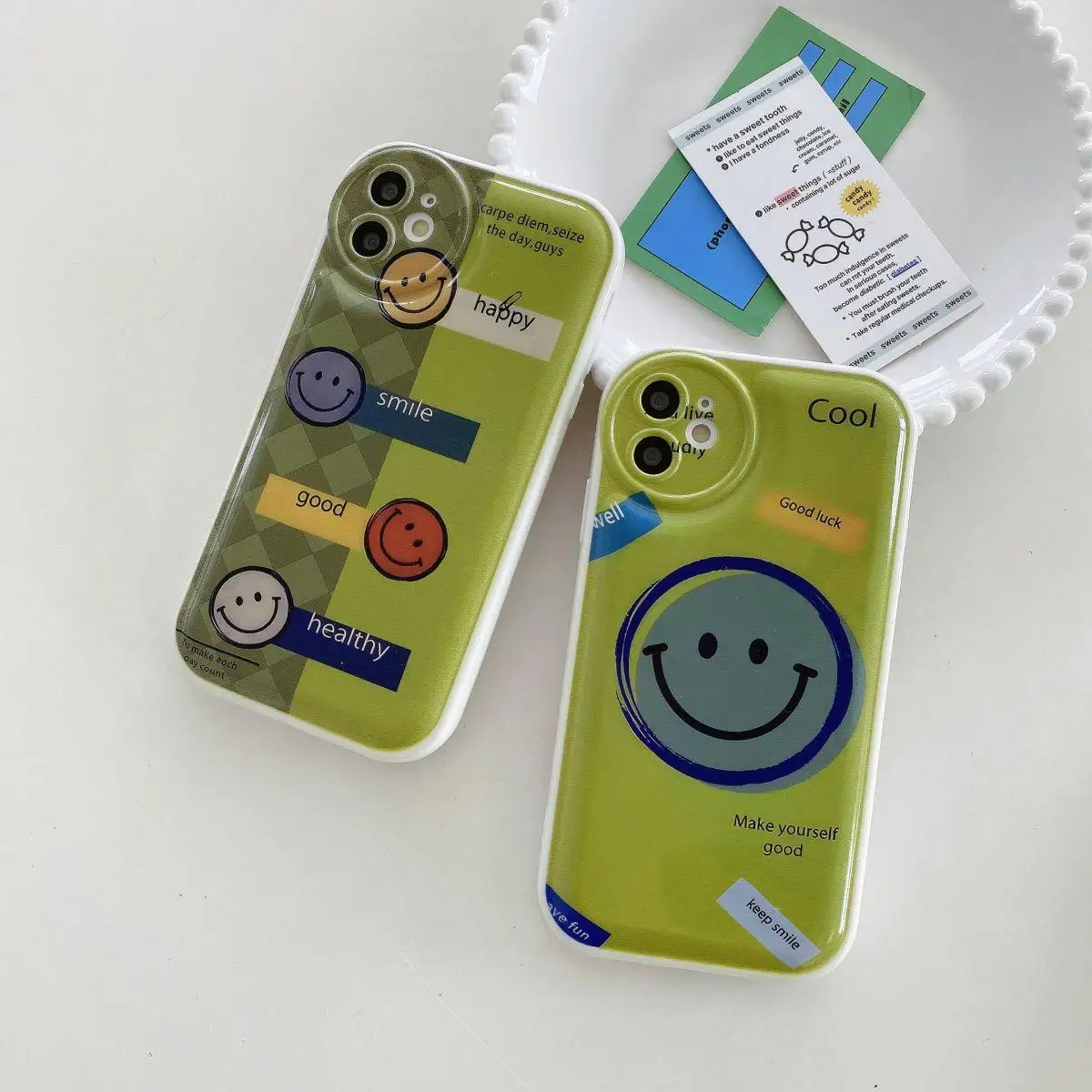 Cartoon Green Label Smile Custodia Morbida In Silicone Per Iphone 11 13 12 14 Pro Max Xr 7 8 Plus 6 6S 12 13 Mini Cover Antiurto