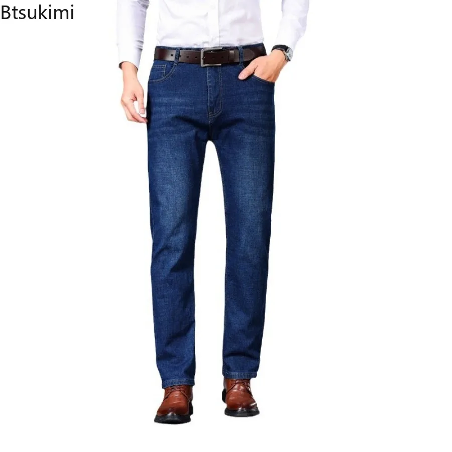 2024Men's Warm Denim Jeans Pants Autumn Winter Fleece Thicker Warm Trousers Men Stretch Straight Jeans Business Office Jeans Men