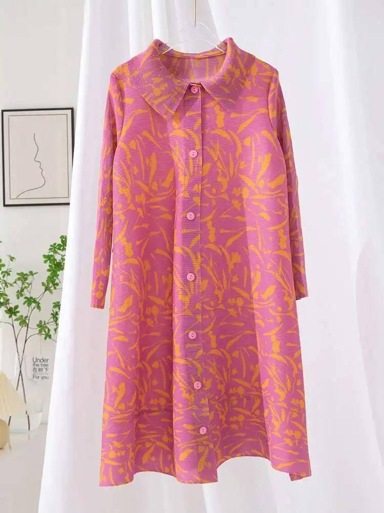LANMREM Elegant Printing Pleated Dress Women Lapel Single Breasted Mid Length Dresses Fashion Party 2025 Spring New 2AA1888 - Image 5