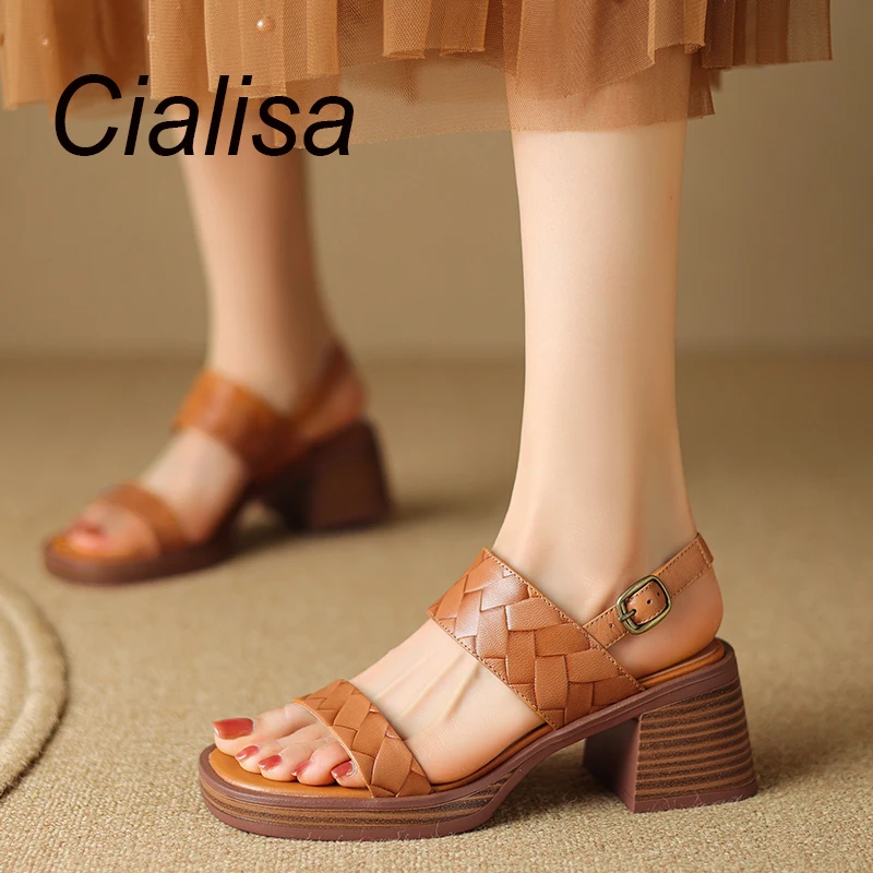 

Cialisa Vintage Sandal Open-Toed 2023 New Real Leather Weave Women Shoes High Heels Ladies Dress Sandals Sizes 40 2023 Summer