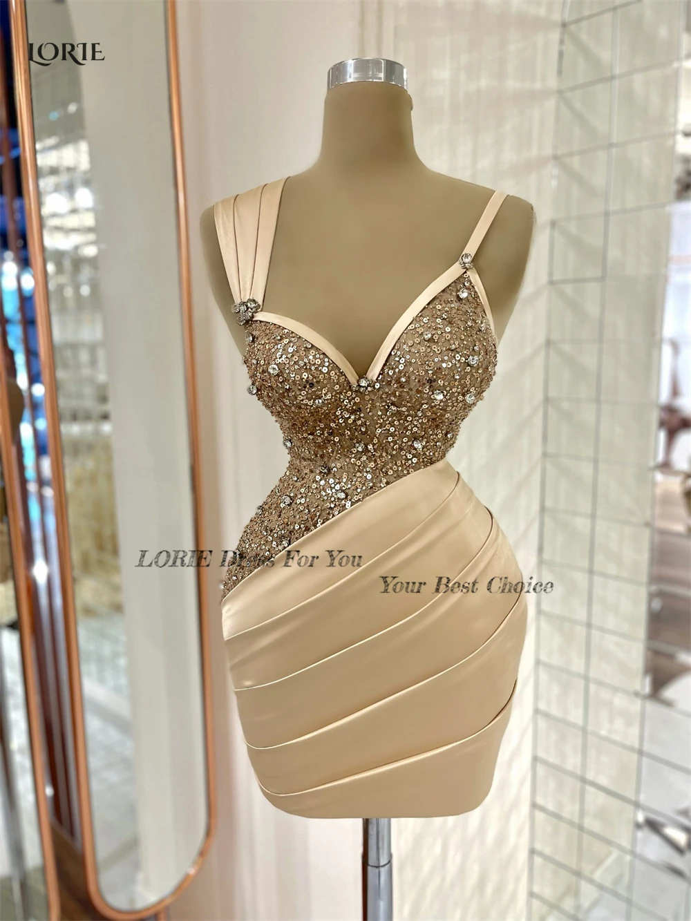 LORIE Champagne Cocktail Party Gowns Beaded Pleats Mini Formal Evening Dresses Bodycon Dubai Arabia Gown robe de soir&eacute;e femme