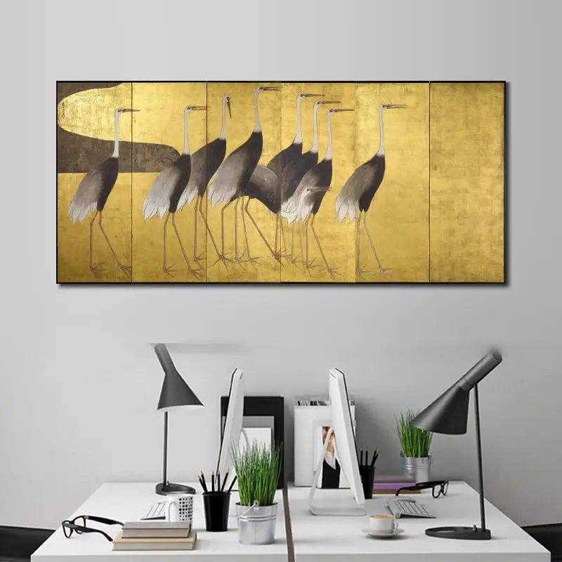 

Large Canvas Art Handmade Wall Picture Cranes Japanese Ogata Korin Painting Modern Animal Artwork Living Room Office Decor Gold