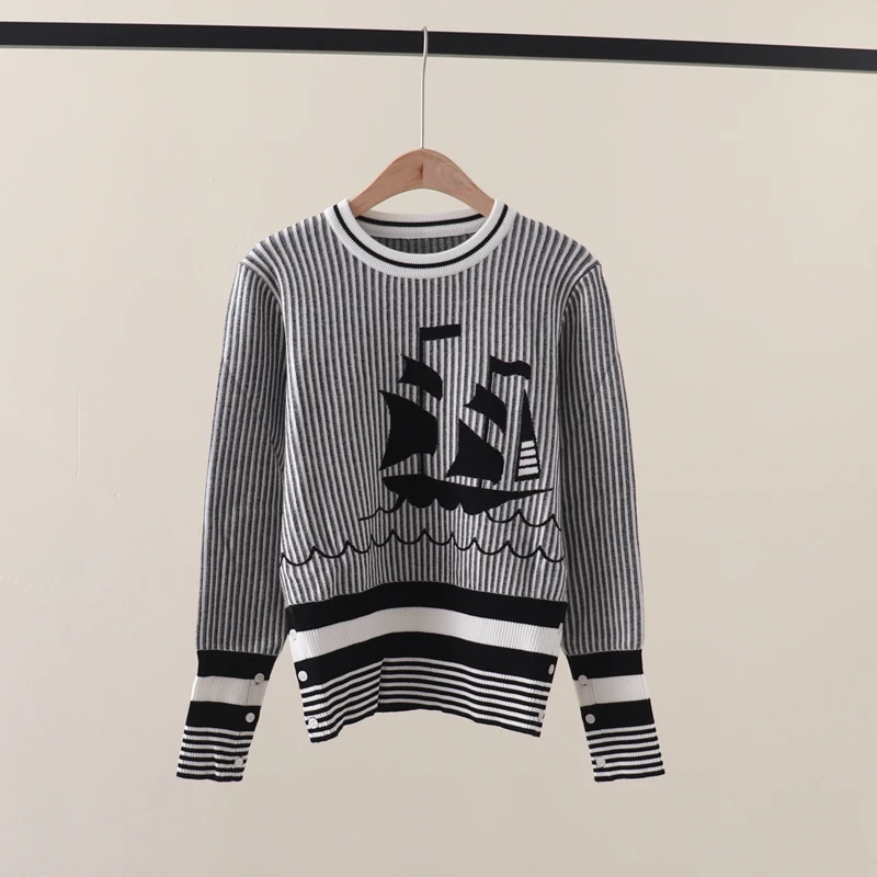 

Autumn and Winter New TB Classic British Sailing Jacquard Pattern Round Neck Long Sleeve Knitted Sweater Pullover for Women
