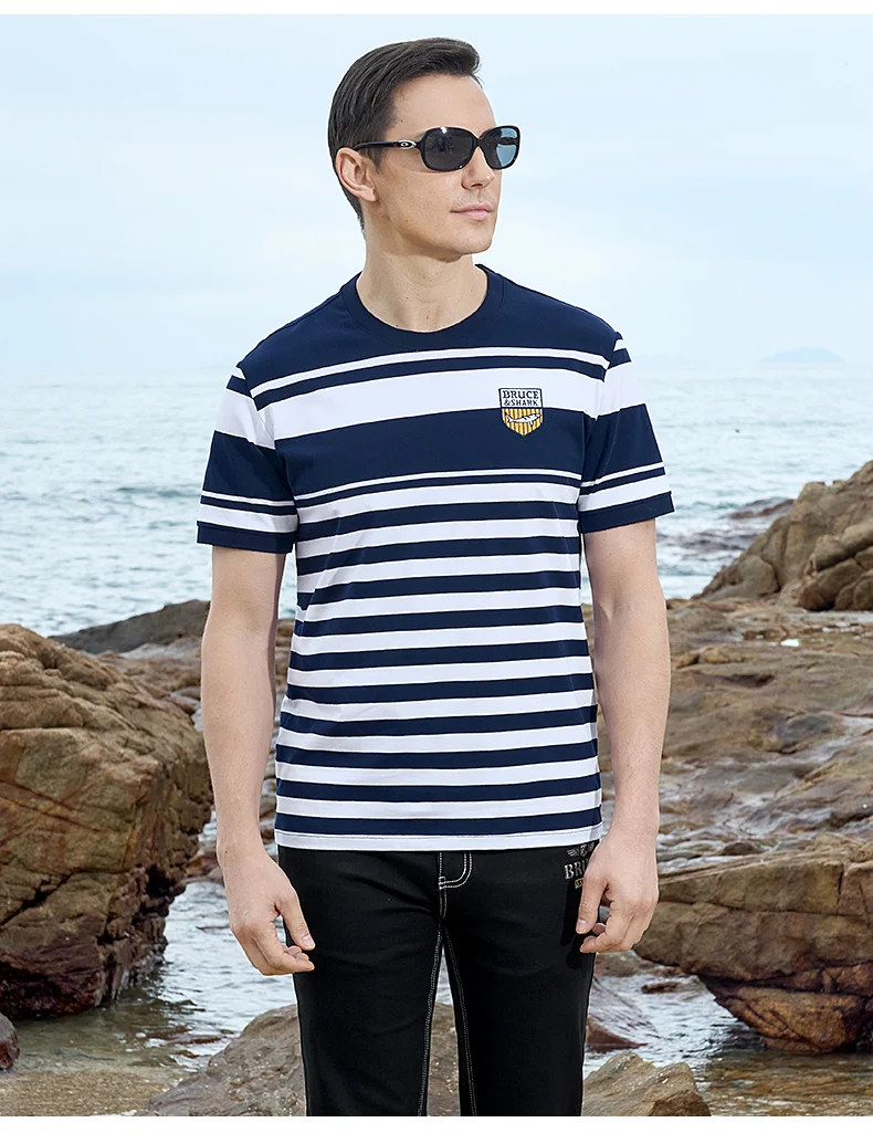 New Straight Men's Short T-shirt Round Neck Bruce&Shark Fashion Men's Stripe Tee Stretch Cotton Summer Breathable Tops Big Size 21 S77ec734188e447a584dabd7004803a63F