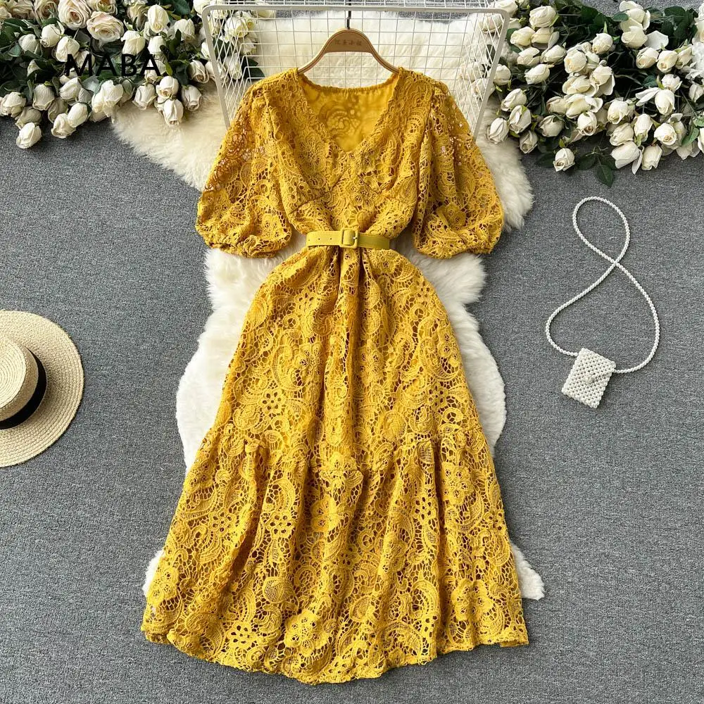 

Summer Women Sweet Lace Long Dress Ladies V-neck Puff Short Sleeve Belt Hollow Out Elegant Chic Long Dress Designer Robe 2023