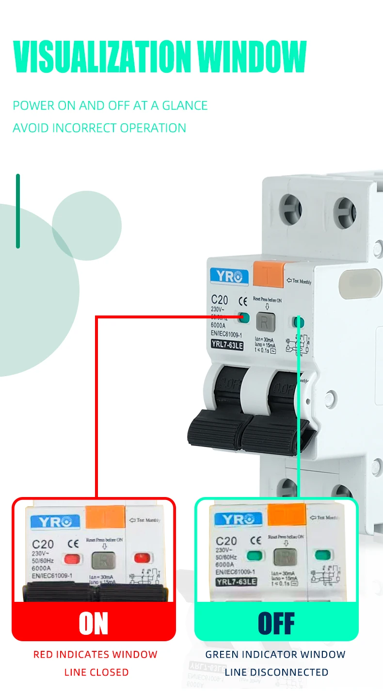 RCBO 1P+N 3P+N 6KA AC type Residual Current Circuit Breaker Operator with over c