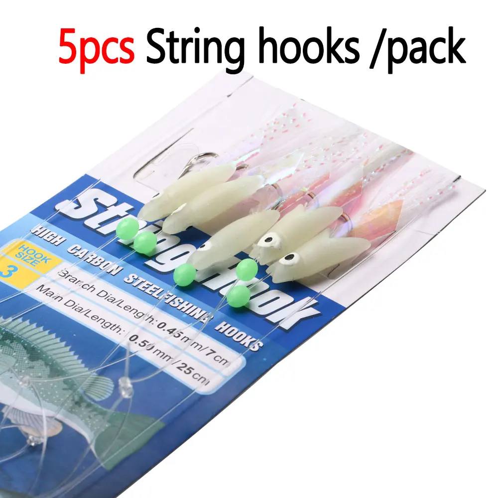 Bimoo 5packs Luminous String Hooks Sabiki Rigs Glow Fish Head Twisted Flashabou Tinsel Tail Freshwater Saltwater Fishing Lures