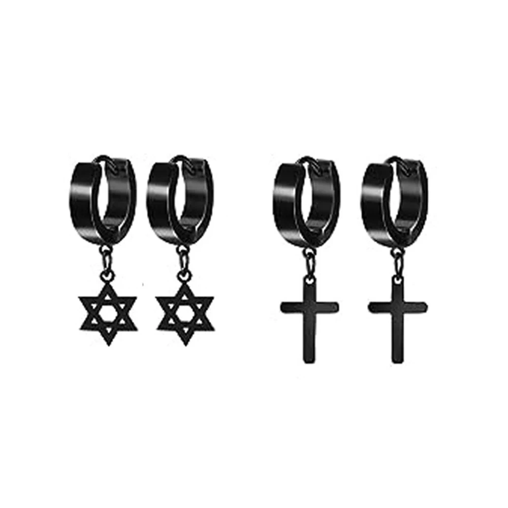 Pendientes Para Hombre - 2 Pares Aros Negros Y Plateados | Acero Inoxidable Hipoalergénico | Estilo Punk Moderno