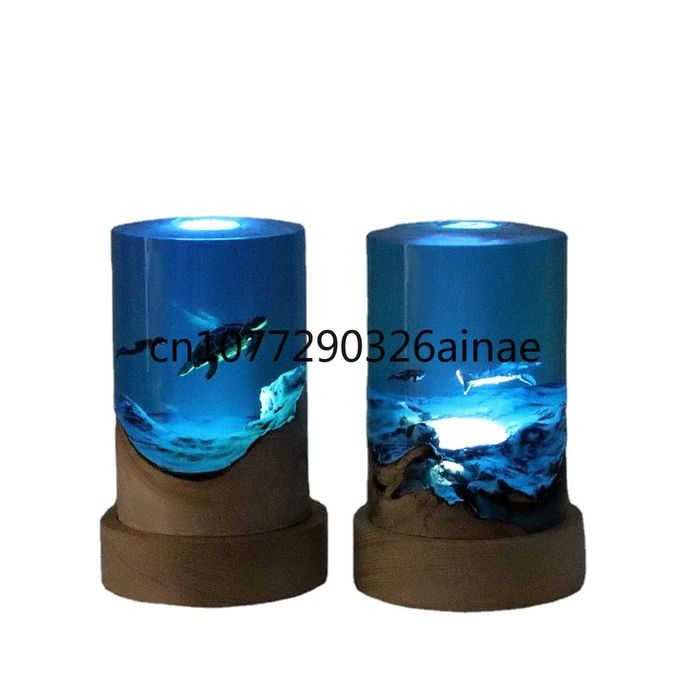 

Cylindrical Ocean Turtle Whale Shark Diver Office Desktop Decoration Creative Gift Lamp Holder Solid Wood Resin Lamp