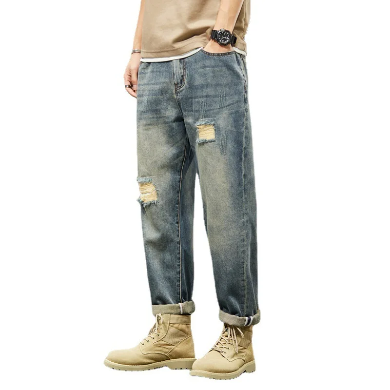 

New Men's Loose Fit Large Size Straight Leg Distressed Jeans Retro Washed Cat Whisker American Spring and Autumn Casual Pants