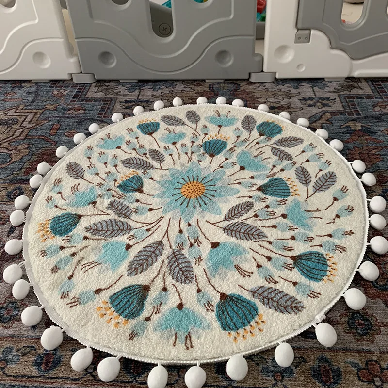 40/60/80/100/120cm Boho Round Carpets Blue Flower Ethnic Print Area Rugs Fluffy Plush Pompom Trim Living Room Bedroom Home Decor