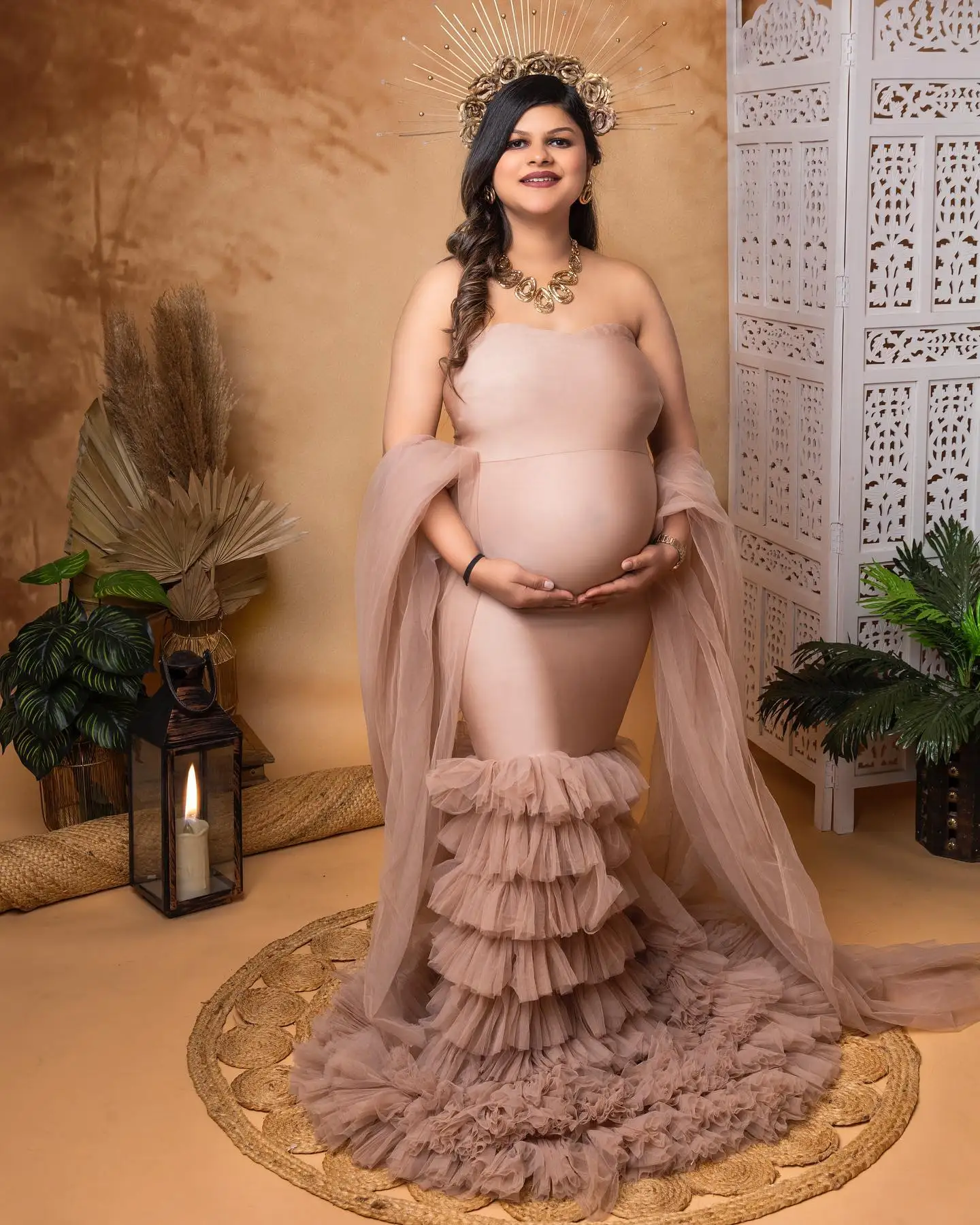 Vintage Pink Mermaid Maternity Robes for Photo Shoot Tiered Ruffles Pregnant Women Gowns Sexy Sleeveless Baby Shower Dresses