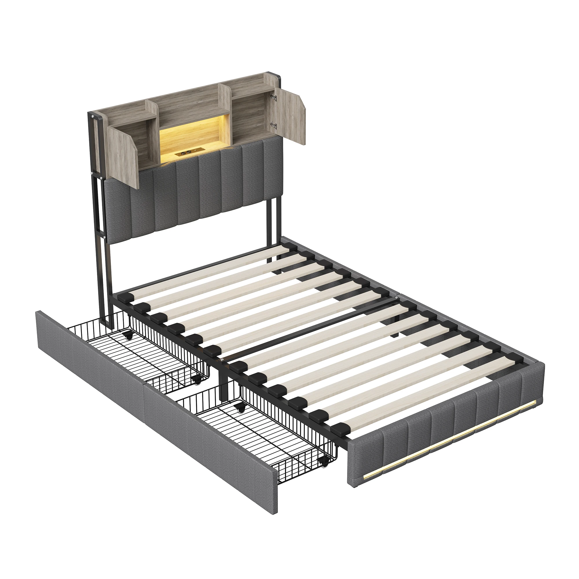 Rosahqnda Kinderbett 90 x 200 cm, Einzelbett, Jugendbett mit 2 Schubladen, Holzlatten, Kopfteil mit Stauraum, graues Leinen – Detail 6