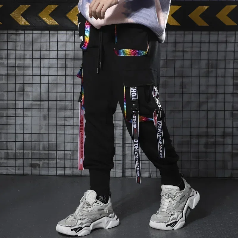 

Men's Letter Ribbons Cargo Pants Hip Hop Joggers Trousers Harajuku Casual Streetwear Hit Color Pocket Male Sweatpants Harem Pant