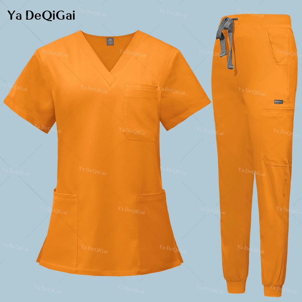 

High Quallity Nurse Uniforms with Pockets Beauty Salon Work Clothes Surgical Top+Jogger Pants Clinic Workwear Medical Scrubs Set