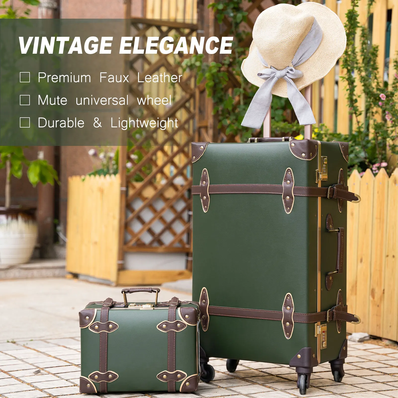 

urecity Vintage Luggage Set, 2 Piece Retro trolley luggage bag,Travel Luggage with Spinner Wheels and Beauty Case (Army Green)