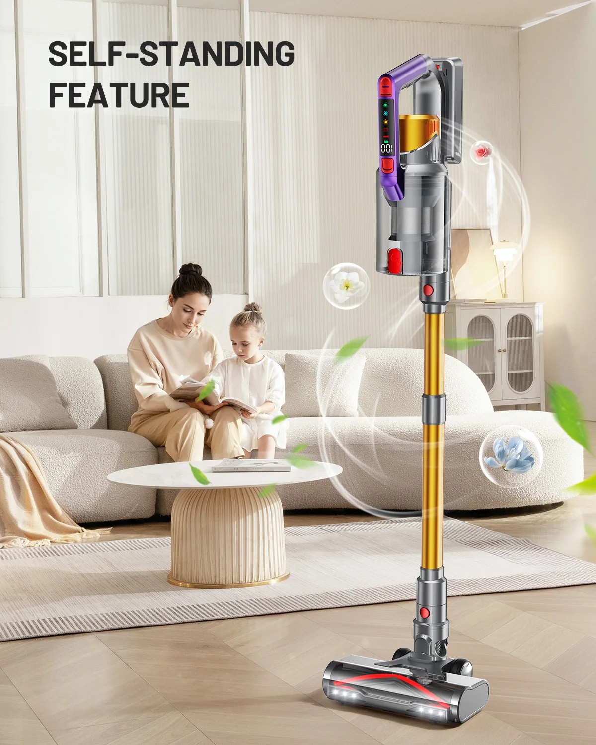 KESSER® Aspirapolvere a batteria senza fili fino a 60 minuti di autonomia e silenzioso, con display a LED, senza sacchetto, con spazzola anti-tangle, per pavimenti duri, moquette + disco profumato