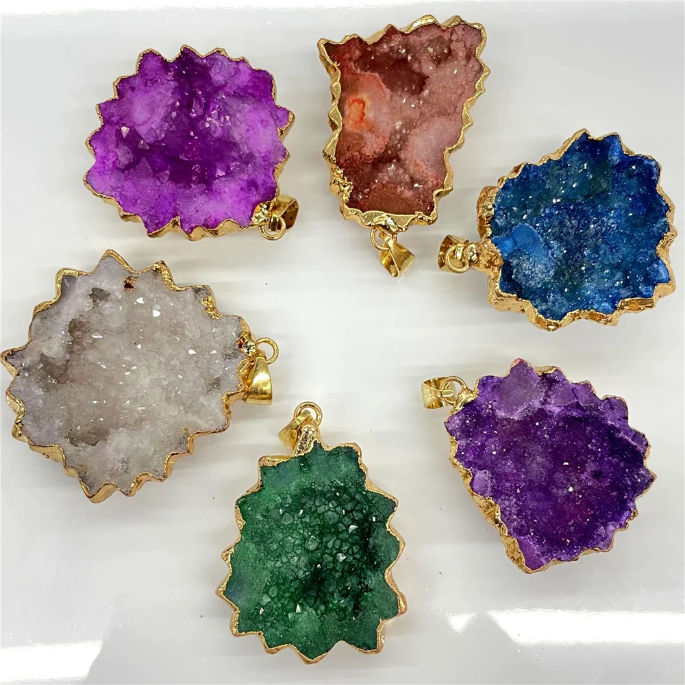 Natural Stone Agate Slice Sunflower Irregular Healing Crystal Sunflower Pendant DIY Charm Jewelry Making Necklace Accessorie 4PC