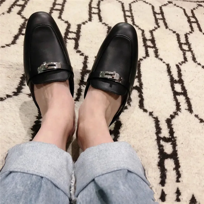 Cowhide Round Toe Metal Buckle Women Shoes 2024 Spring Summer New Style Slippers Slip On Casual Sandals Solid Color Large Size