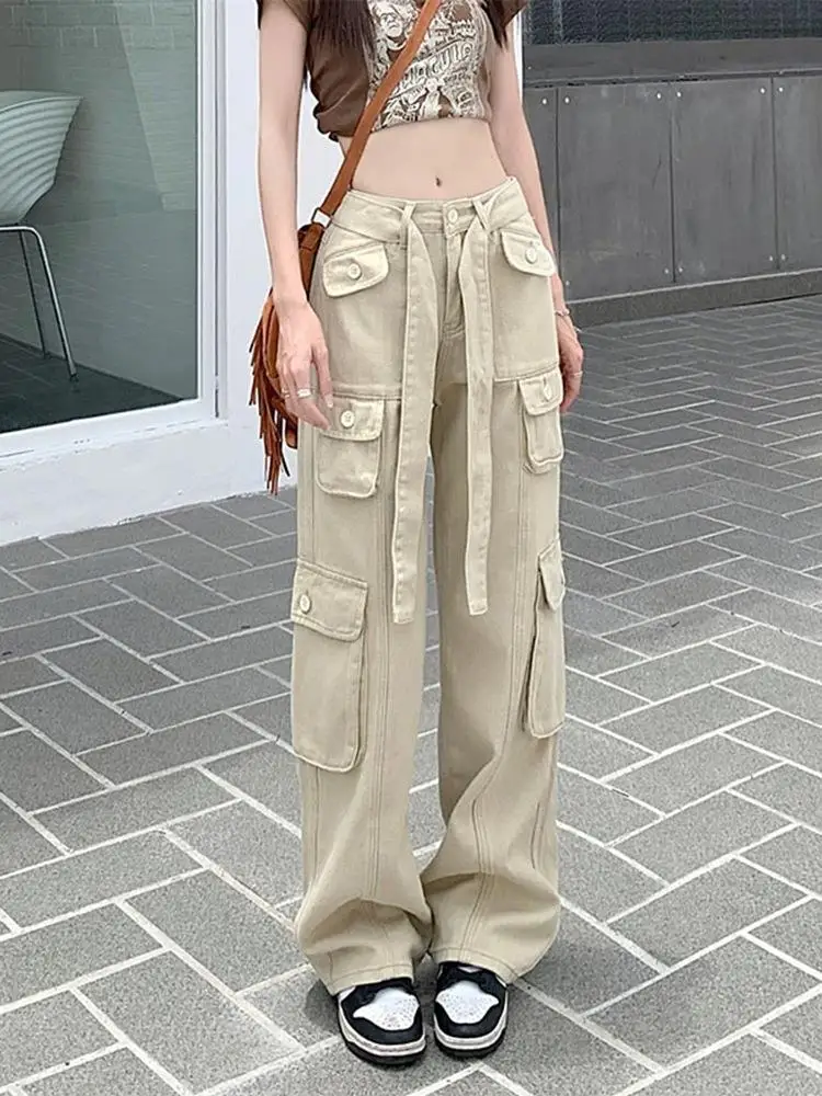 

Vintage Women's pants Autumn Loose Cargo Pants big pocket Straight Leg Pants Fashion Casual Female Long Trousers Slim streetwear