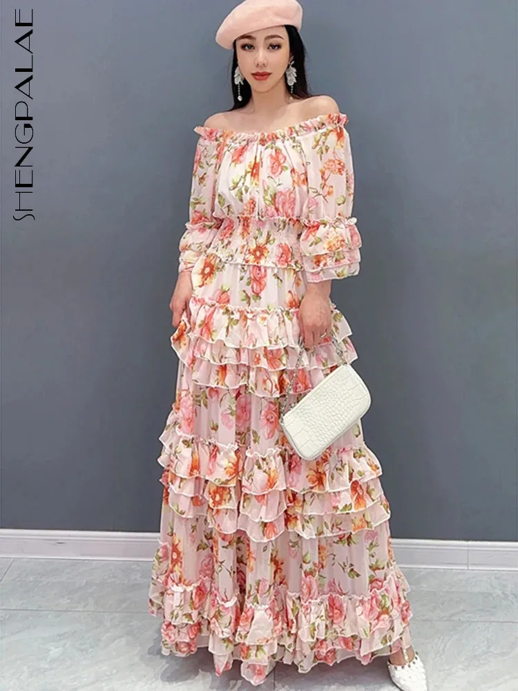 

SHENGPALAEChiffon Printed Cake Long Dress 2024 Spring New Off Shoulder Elegant Ladies Age Reducing Fashion Women's Wear