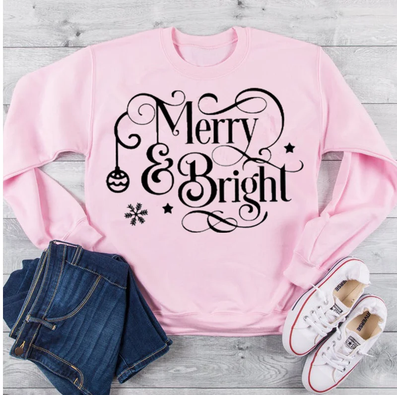 Merry and Bright Christmas Sweatshirt for women Jumper Ladies Quality Summer Women Graphic Environment Tee Top Streetwear y2k