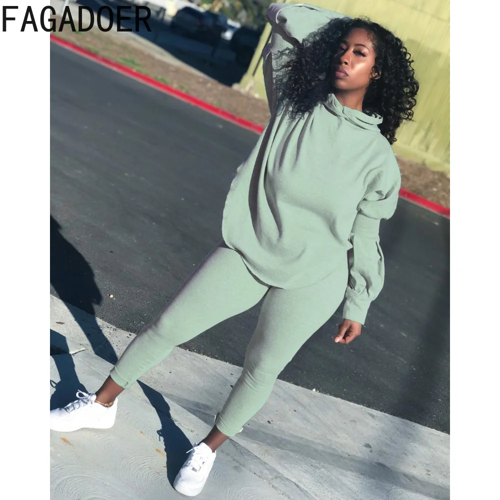 FAGADOER Fashion Casual Streetwear Women Hooded Puff Sleeves Sweatshirt And Skinny Pants Two Piece Set Fall Winter Sport Outfits