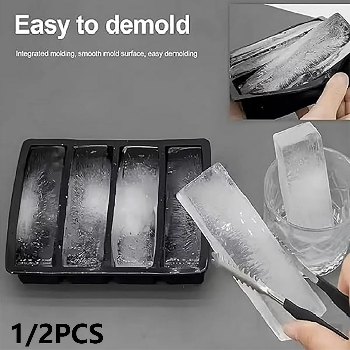 2Pcs/1Pc Silicone Ice Cube Tray for Refrigerator, Black 4-Long-Stick Stackable Large Ice Cube Mold, Non-Stick Silicone Ice Cube Mold for Ice, Butter, Soup, and Frozen Foods