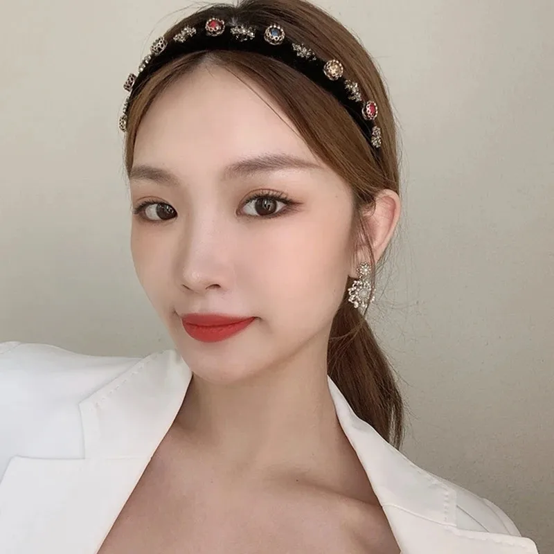 Korean Retro French Velvet Colorful Crystal Headband for Women Vintage Party Autumn Winter Hair Accessories