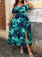 Plus Size Women's Summer Casual Vacation Dress Luxury Floral Print Off the Shoulder Slip Dresses Curve Clothing