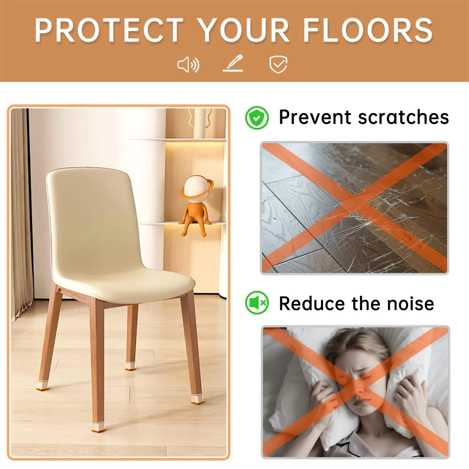 Silicone Floor Protector Chair Leg Caps with Felt Pads - Set of 8