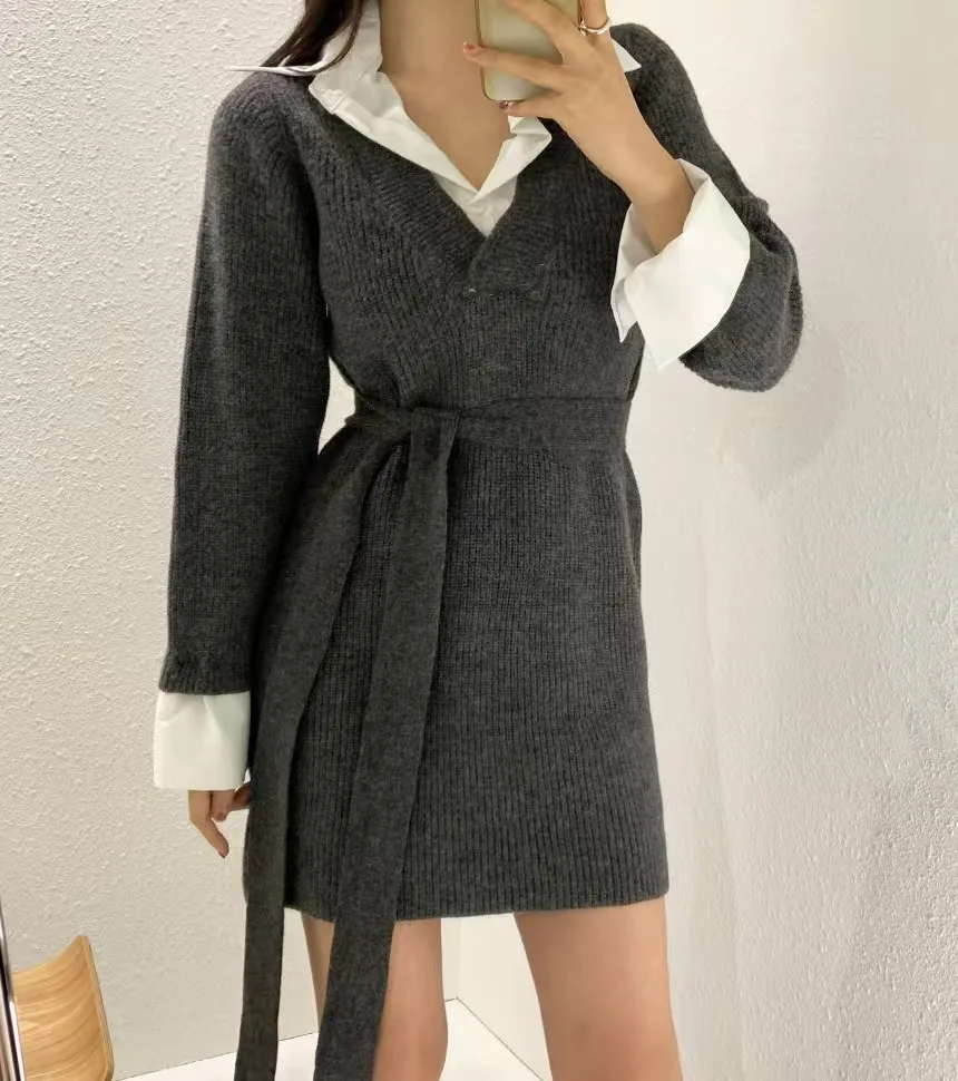 Korean Chic Mini Dresses Women Turn-down Collar Long Sleeve Shirt Patchwork Autumn Winter Knitted Dress Casual Fashion Vestidos