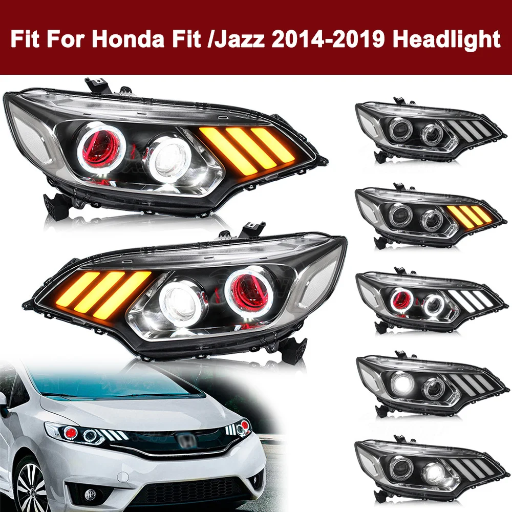 

Full LED Head Lamp Fit For Honda Fit /Jazz 2014-2019 Modified Headlight Streaming Turn Signal Devil's Eye Left Right