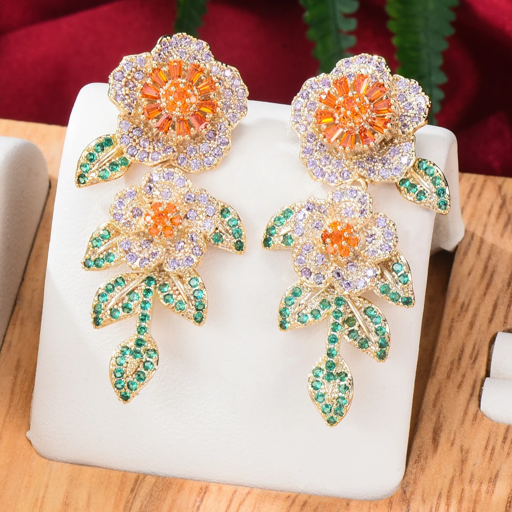 Siscathy Fashion Pink Flower Earrings For Women Gorgeous Wedding Party Cubic Zircon Dubai Bridal Earring boucle d'oreille